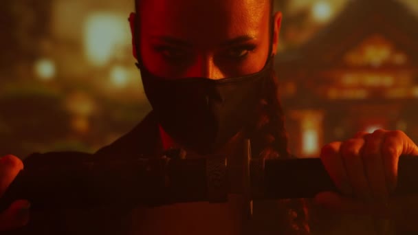 Young Beautiful Ninja Girl Mask Katana Samurai Woman Background Traditional — Stock Video
