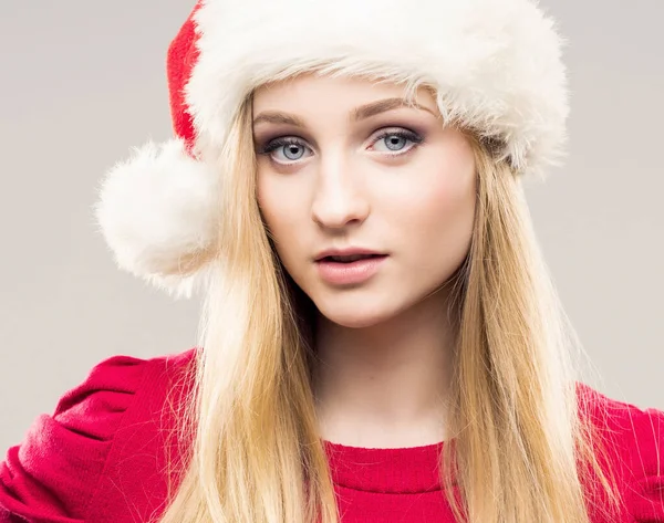 Portrait Young Beautiful Pretty Girl Santa Hat New Year Christmas — Stock Photo, Image
