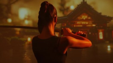 Maskeli ve katanalı genç ve güzel bir ninja kız. Geleneksel bir Japon tapınağının arka planındaki samuray kadın..