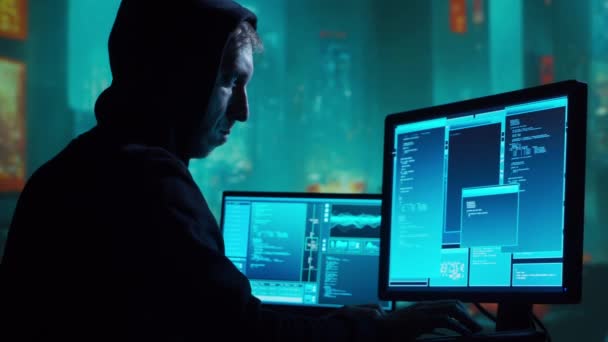 胡迪镇的电脑黑客黑脸黑脸 黑客攻击 病毒感染软件 黑网和网络安全的概念 — 图库视频影像
