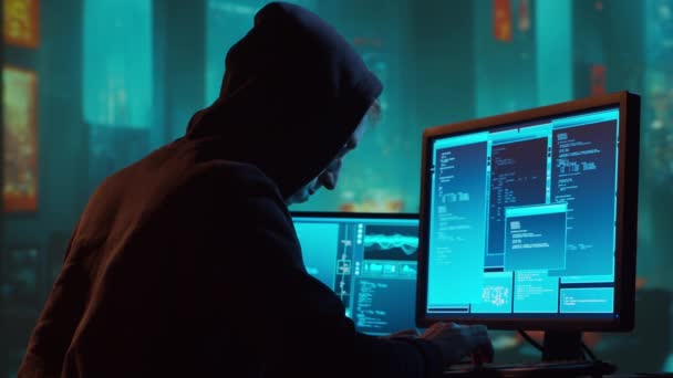 Számítógépes Hacker Hoodie Ban Elhomályosított Sötét Arc Koncepciója Hacker Attack — Stock videók