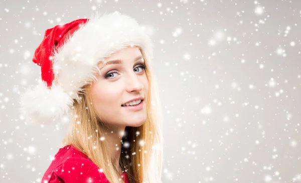 Portret Van Een Jong Mooi Mooi Meisje Met Kerstmuts Nieuwjaar — Stockfoto