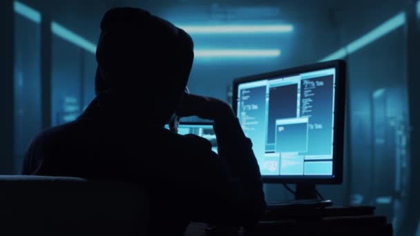 Υπολογιστή Χάκερ Στο Χούντι Απόφυγε Σκοτεινό Πρόσωπο Έννοια Της Επίθεσης — Αρχείο Βίντεο