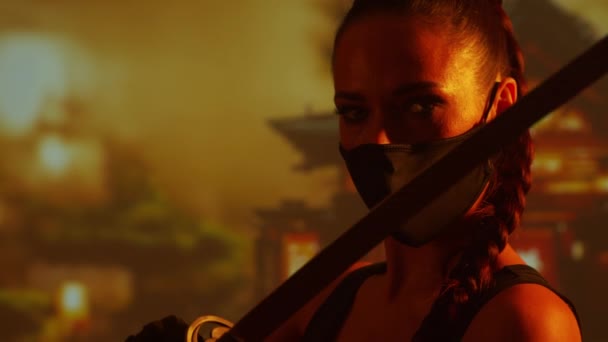 Maskeli Katanalı Genç Güzel Bir Ninja Kız Geleneksel Bir Japon — Stok video