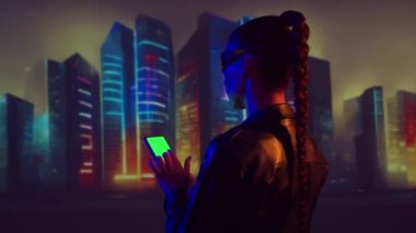 Akıllı telefonlu siber punk kız portresi. Şehir tırpanlarının arka planında güzel bir genç kadın. Gelecekçi kavram.