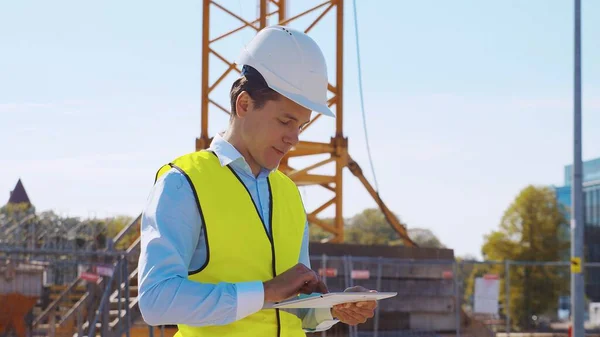Professional Builder Standing Front Construction Site Foreman Hardhat Helmet Vest — Stock Photo, Image