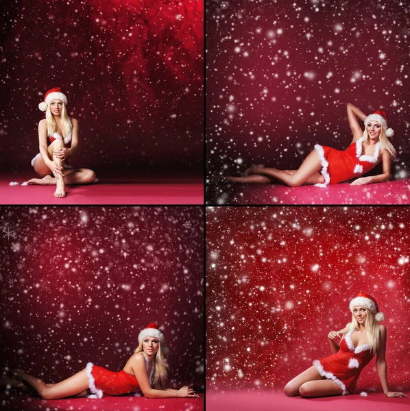 年轻而美丽的女圣诞老人 穿着性感的衣服 披着圣诞背景的雪花 集合集合 — 图库照片