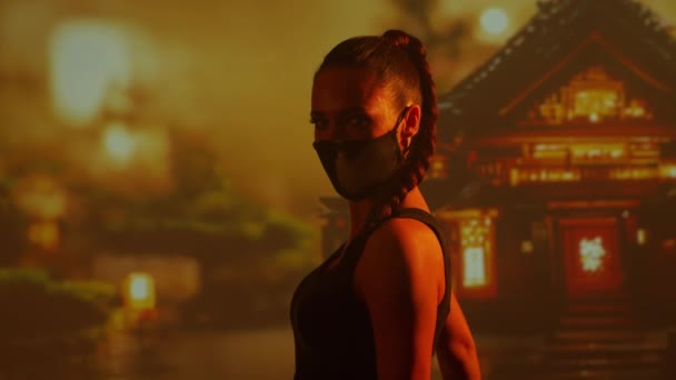 Jeune Belle Fille Ninja Dans Masque Avec Katana Femme Samouraï — Video
