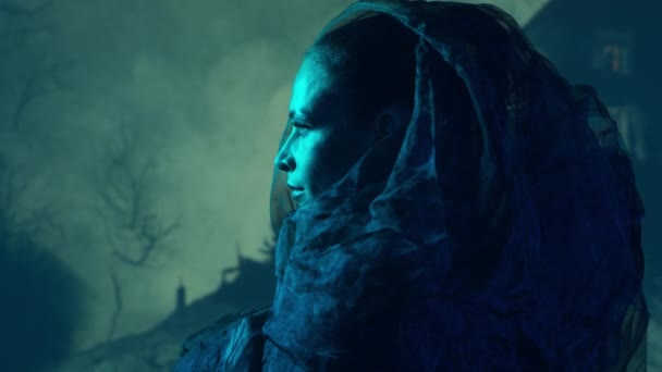 Gyönyörű Boszorkány Aki Boszorkányságot Művel Füstös Háttérben Éjszaka Ijesztő Ház — Stock videók