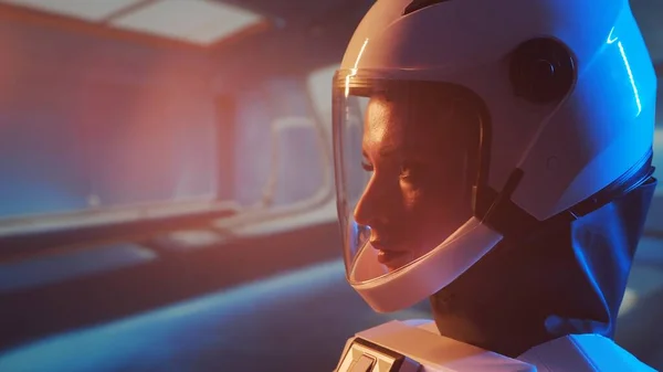 軌道上の宇宙服の女性宇宙飛行士 若い女性宇宙飛行士が宇宙船を操縦する 銀河旅行と科学の概念 — ストック写真