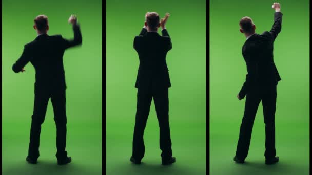 緑の画面上の厳格なビジネススーツのビジネスマン 3つのビデオのセットのコラージュクロマキーの準備ができています 金融テンプレート — ストック動画