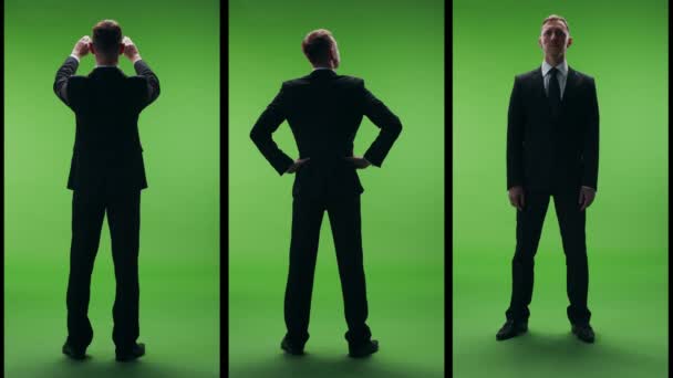 Geschäftsmann Strengen Business Anzug Auf Einem Grünen Bildschirm Eine Collage — Stockvideo