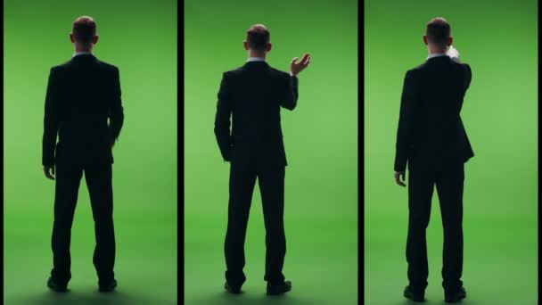 Geschäftsmann Strengen Business Anzug Auf Einem Grünen Bildschirm Eine Collage — Stockvideo