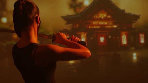 Mladá Krásná Ninja Dívka Masce Katanou Samurajka Pozadí Tradičního Japonského — Stock video