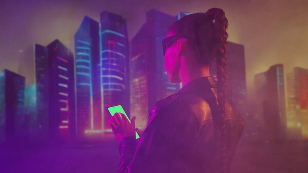 Portrait of cyberpunk girl. Beautiful young woman on the background of city scyscrapers. Futuristic concept.