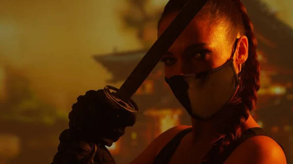 Young and beautiful ninja girl in a mask and with a katana. Samurai woman on the background of a traditional Japanese temple.
