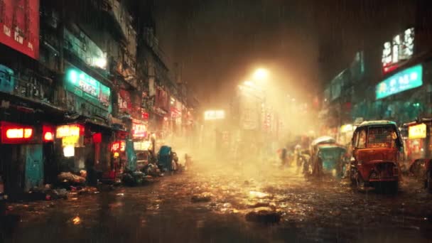 暗い夜の未来的な通りアジアの都市 ぬれた道路 ネオンライト 東洋市場 サイバーパンクの概念 — ストック動画