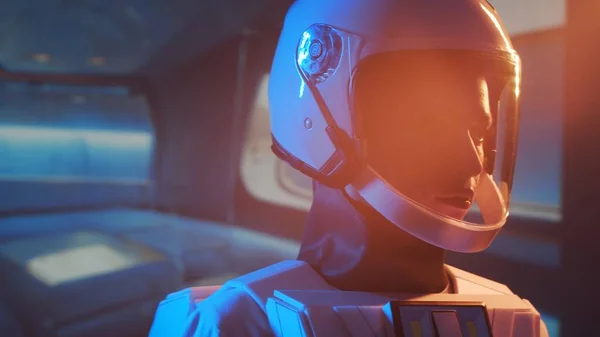 Astronautka Skafandru Palubě Orbitální Stanice Mladá Kosmonautka Pilotuje Vesmírnou Loď — Stock fotografie
