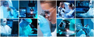 Profesyonel bilim adamları modern bir bilimsel araştırma laboratuvarında yeni bir aşı üzerinde çalışıyorlar. Genetik mühendisliği işyeri. Gelecekteki teknoloji ve bilim kavramı.