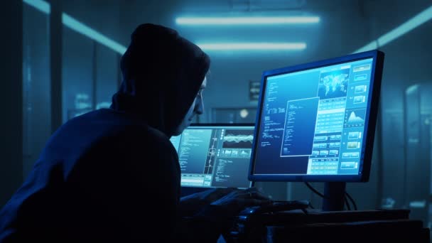 Számítógépes Hacker Hoodie Ban Elhomályosított Sötét Arc Koncepciója Hacker Attack — Stock videók