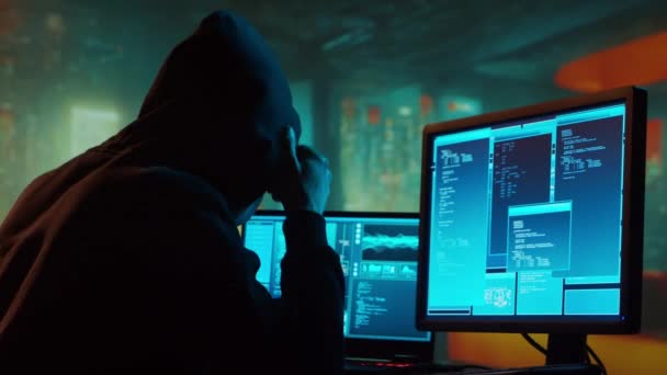 Υπολογιστή Χάκερ Στο Χούντι Απόφυγε Σκοτεινό Πρόσωπο Έννοια Της Επίθεσης — Αρχείο Βίντεο