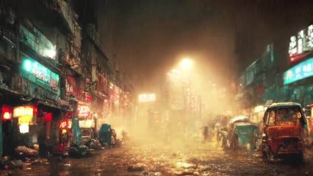 暗い夜の未来的な通りアジアの都市 ぬれた道路 ネオンライト 東洋市場 サイバーパンクの概念 — ストック動画