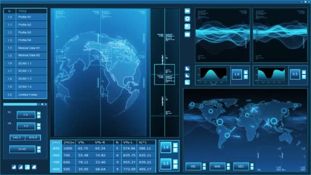 未来的な宇宙船のコントロールパネルインターフェース インジケータとツールを備えたスペースクラフトのデジタルダッシュボードの背景 宇宙旅行 宇宙探査 科学の概念 — ストック動画