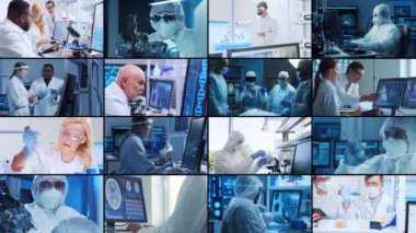 Bilim, araştırma ve laboratuvar işi kavramı. Çeşitli insanlar modern bilim laboratuvarlarında çalışıyor. Doktorlar, profesörler ve laboratuvar asistanları tıbbi, nanoteknolojik ve mikro elektronik araştırmalar yürütüyorlar.