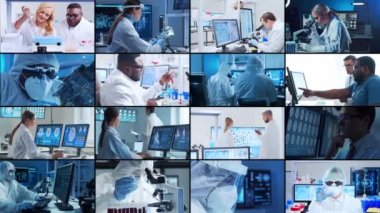 Bilim, araştırma ve laboratuvar işi kavramı. Çeşitli insanlar modern bilim laboratuvarlarında çalışıyor. Doktorlar, profesörler ve laboratuvar asistanları tıbbi, nanoteknolojik ve mikro elektronik araştırmalar yürütüyorlar.