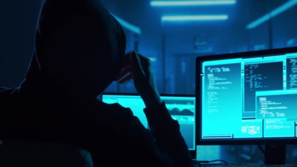 Computer Hacker Hoodie Obscured Dark Face Concept Hacker Attack Virus — Stock Video