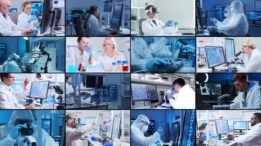 Bilim, araştırma ve laboratuvar işi kavramı. Çeşitli insanlar modern bilim laboratuvarlarında çalışıyor. Doktorlar, profesörler ve laboratuvar asistanları tıbbi, nanoteknolojik ve mikro elektronik araştırmalar yürütüyorlar.