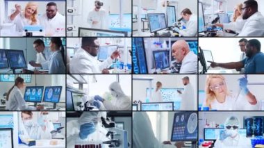 Bilim, araştırma ve laboratuvar işi kavramı. Çeşitli insanlar modern bilim laboratuvarlarında çalışıyor. Doktorlar, profesörler ve laboratuvar asistanları tıbbi ve nanoteknolojik araştırmalar yaparlar. Kolaj seti.