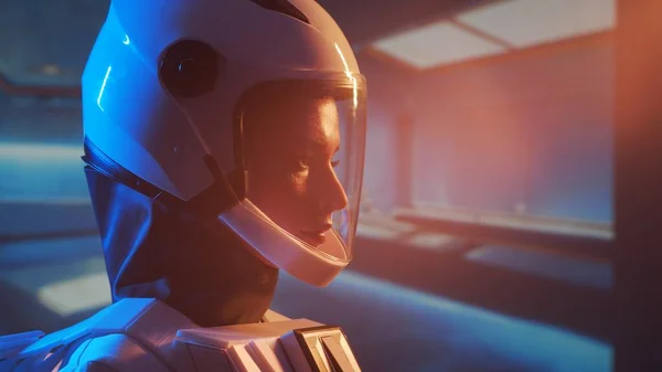 Kvinna Astronaut Rymddräkt Ombord Banestationen Ung Kvinnlig Kosmonaut Piloter Ett — Stockfoto