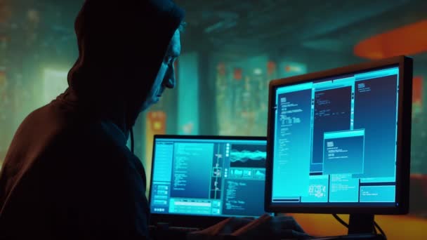 Hacker Computador Hoodie Cara Negra Obscurecida Conceito Ataque Hackers Software — Vídeo de Stock