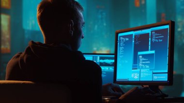 Kapüşonlu Bilgisayar Korsanı. Karanlık Surat. Hacker Attack, Virüs bulaşmış yazılım, Dark Web ve Siber Güvenlik Konsepti.