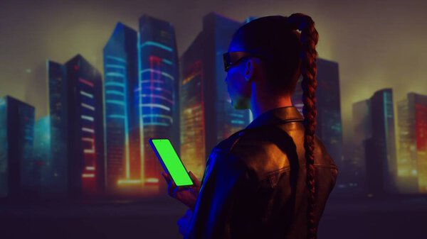 Portrait of cyberpunk girl. Beautiful young woman on the background of city scyscrapers. Futuristic concept.