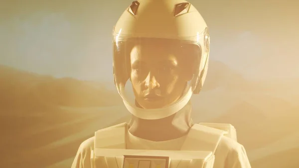 一位穿着宇航服的女宇航员探索了另一个星球 年轻的女宇航员穿着太空服在火星上 银河旅行和科学的概念 — 图库照片