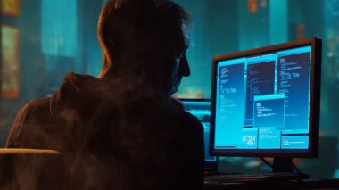 Kapüşonlu Bilgisayar Korsanı. Karanlık Surat. Hacker Attack, Virüs bulaşmış yazılım, Dark Web ve Siber Güvenlik Konsepti.