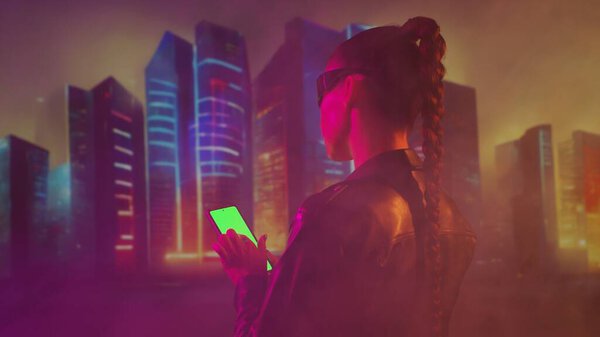 Portrait of cyberpunk girl. Beautiful young woman on the background of city scyscrapers. Futuristic concept.