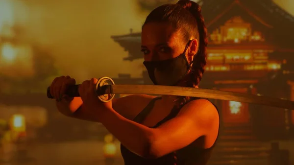 Young and beautiful ninja girl in a mask and with a katana. Samurai woman on the background of a traditional Japanese temple.