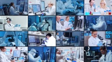 Bilim, araştırma ve laboratuvar işi kavramı. Çeşitli insanlar modern bilim laboratuvarlarında çalışıyor. Doktorlar, profesörler ve laboratuvar asistanları tıbbi, nanoteknolojik ve mikro elektronik araştırmalar yürütüyorlar.