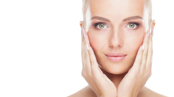 Portrait of beautiful, fresh, healthy and sensual girl isolated on white. Beauty concept.