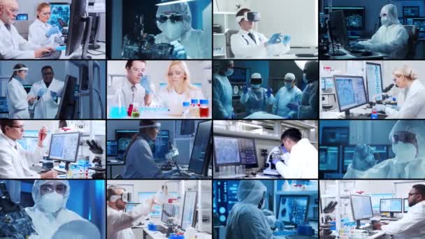 研究室の仕事の概念 多様な人々が現代科学研究所で働いています 教授および研究室のアシスタントは ナノテクノロジーおよびマイクロエレクトロニクス研究を行います — ストック動画