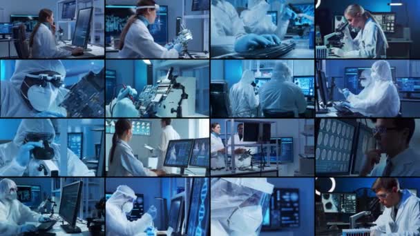 研究室の仕事の概念 多様な人々が現代科学研究所で働いています 教授および研究室のアシスタントは ナノテクノロジーおよびマイクロエレクトロニクス研究を行います — ストック動画