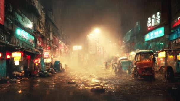 Futurystyczna Ulica Ciemnego Azjatyckiego Miasta Deszcz Mokra Droga Neony Orientalny — Wideo stockowe