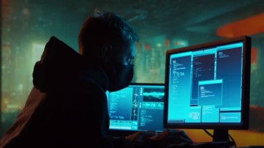 Kapüşonlu Bilgisayar Korsanı. Karanlık Surat. Hacker saldırısı, Virüs bulaşmış yazılım, Dark Web ve Siber Güvenlik kavramı.
