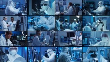 Bilim, araştırma ve laboratuvar işi kavramı. Çeşitli insanlar modern bilim laboratuvarlarında çalışıyor. Doktorlar, profesörler ve laboratuvar asistanları tıbbi, nanoteknolojik ve mikro elektronik araştırmalar yürütüyorlar.