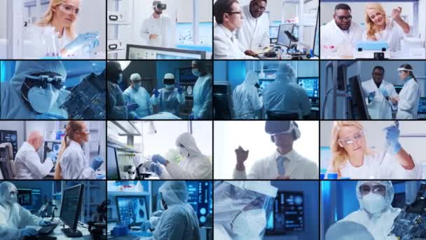Koncepcja Nauki Badań Prac Laboratoryjnych Różnorodni Ludzie Pracują Nowoczesnych Laboratoriach — Wideo stockowe