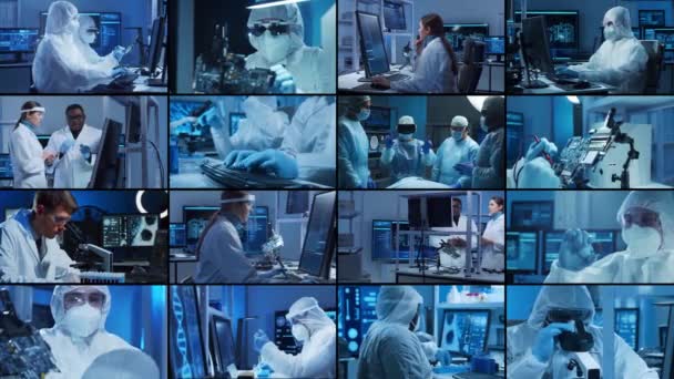 Koncepcja Nauki Badań Prac Laboratoryjnych Różnorodni Ludzie Pracują Nowoczesnych Laboratoriach — Wideo stockowe