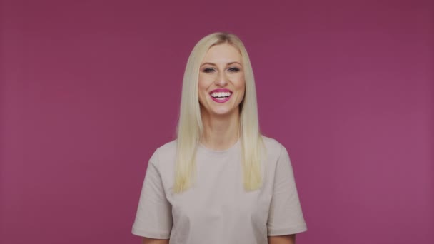 Young Beautiful Blond Girl Studio Portrait Cute Emotional Girl Pink — Vídeos de Stock